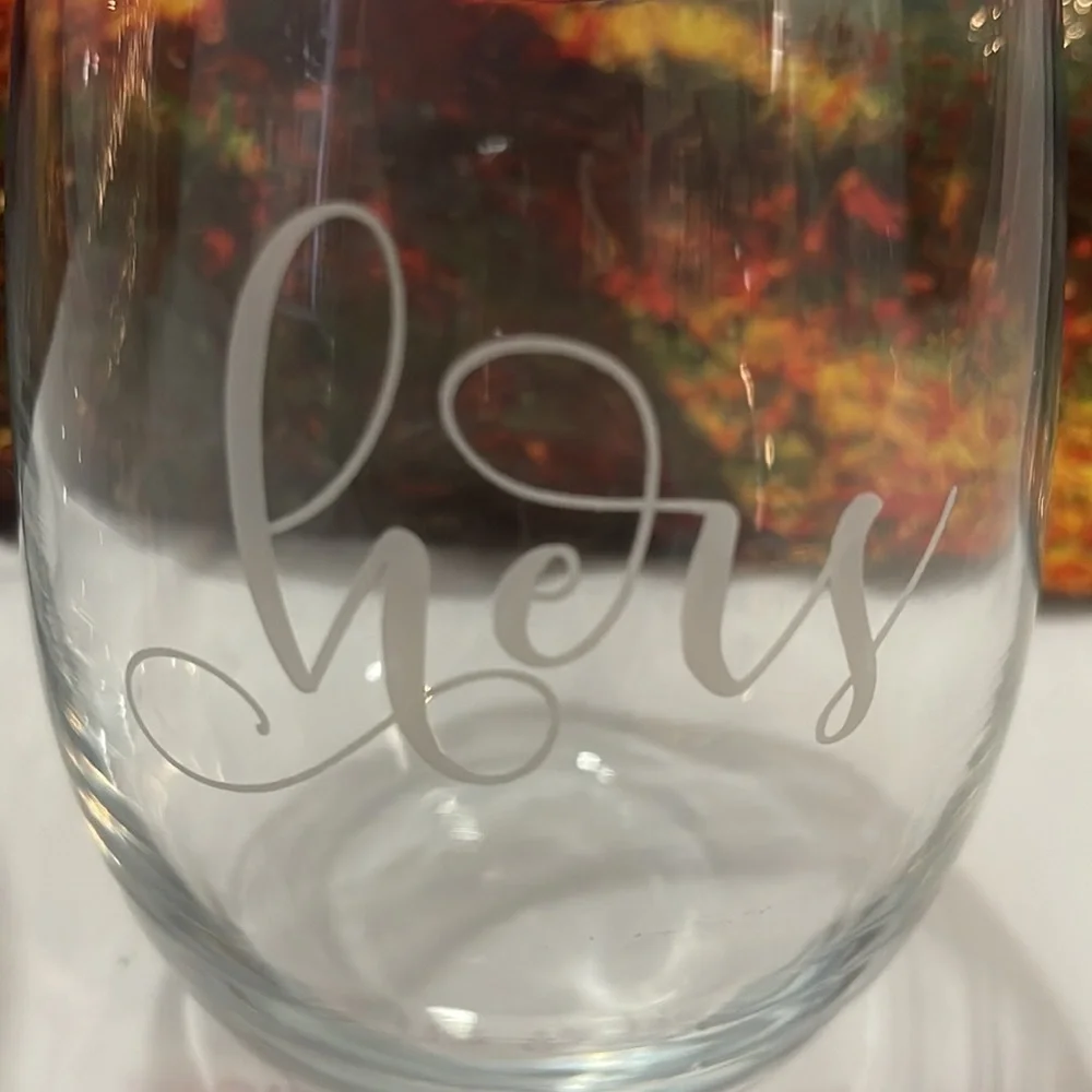 His and Hers stemless wine glasses clear glass with frosted lettering 5”Tx3”W - Picture 3 of 3